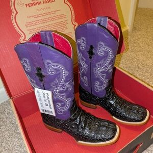 Ferrini Purple Embroidered Western Boots with Black Cayman Toe